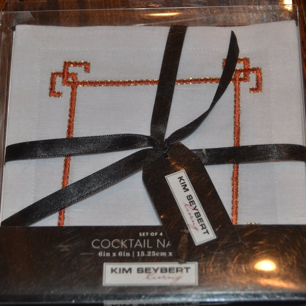 RARE KIM SEYBERT LIVING 4 ORANGE EMBROIDERED GREEK KEY COCKTAIL BAR NAPKIN